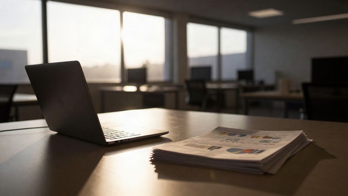 Illustrative image: empty office desk with a closed laptop and printed stock charts, backlit at sunset