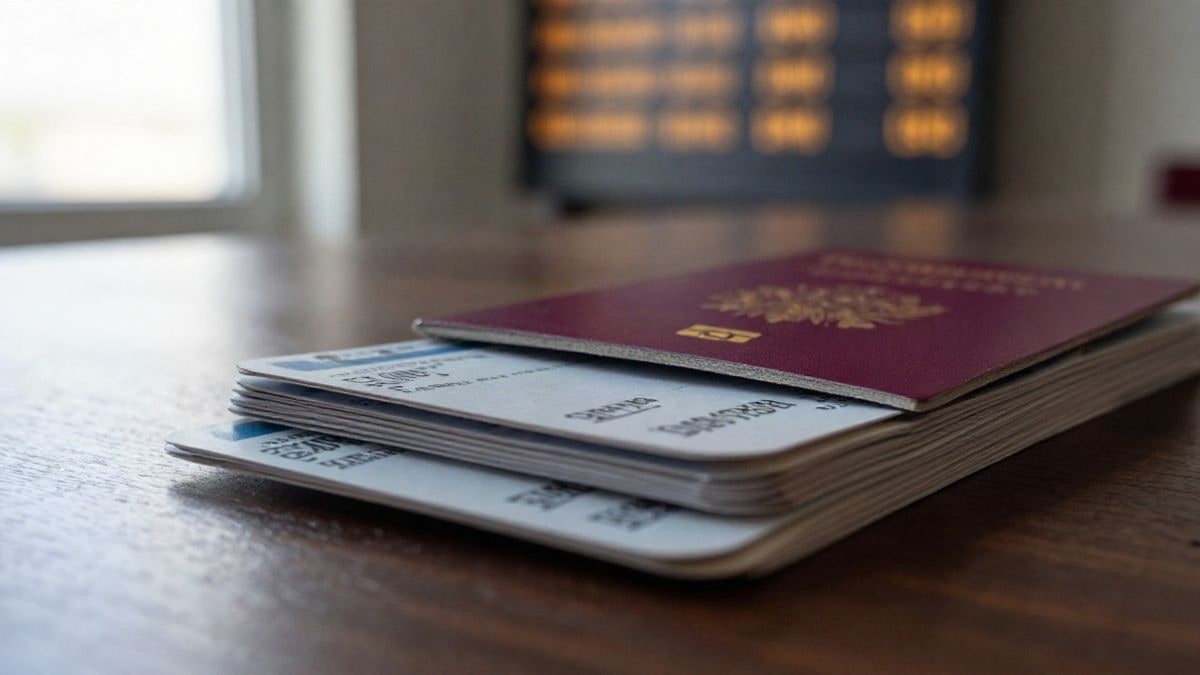 Imagen ilustrativa: primer plano de tarjetas de embarque y un pasaporte sobre una mesa de madera con un panel de salidas desenfocado al fondo