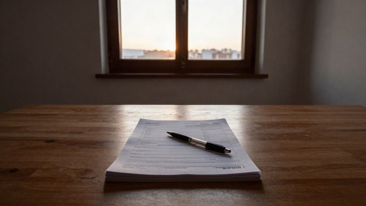 Imagen ilustrativa: mesa de madera con formularios fiscales en blanco junto a una ventana al atardecer