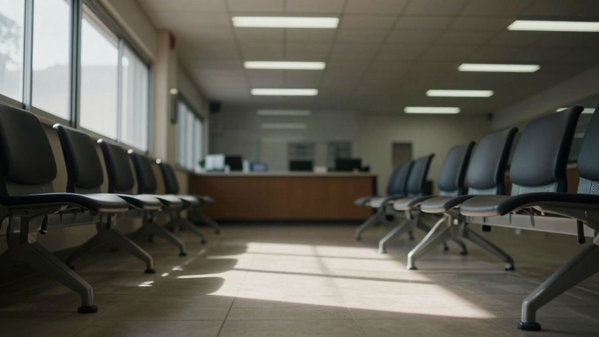 Illustrative image: empty waiting room of an employment office with chairs and a closed window