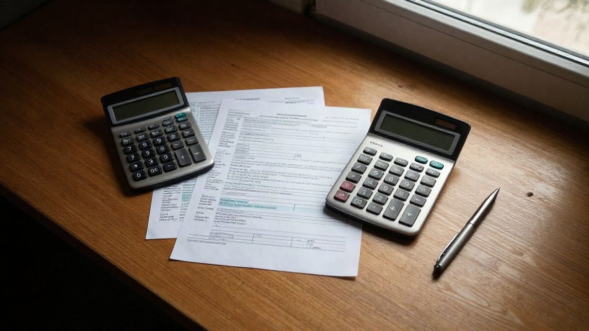Imagen ilustrativa: vista cenital de una mesa con calculadora y formulario de impuestos