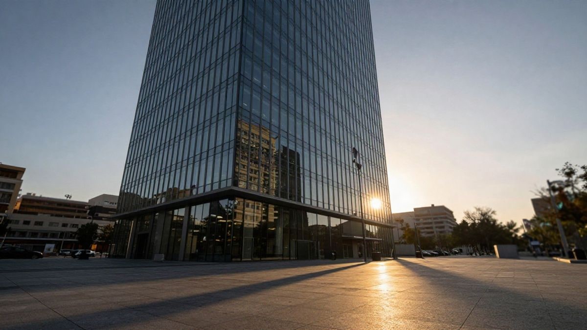 Illustrative image: glass office tower at sunset backlit, with long shadows over an empty square