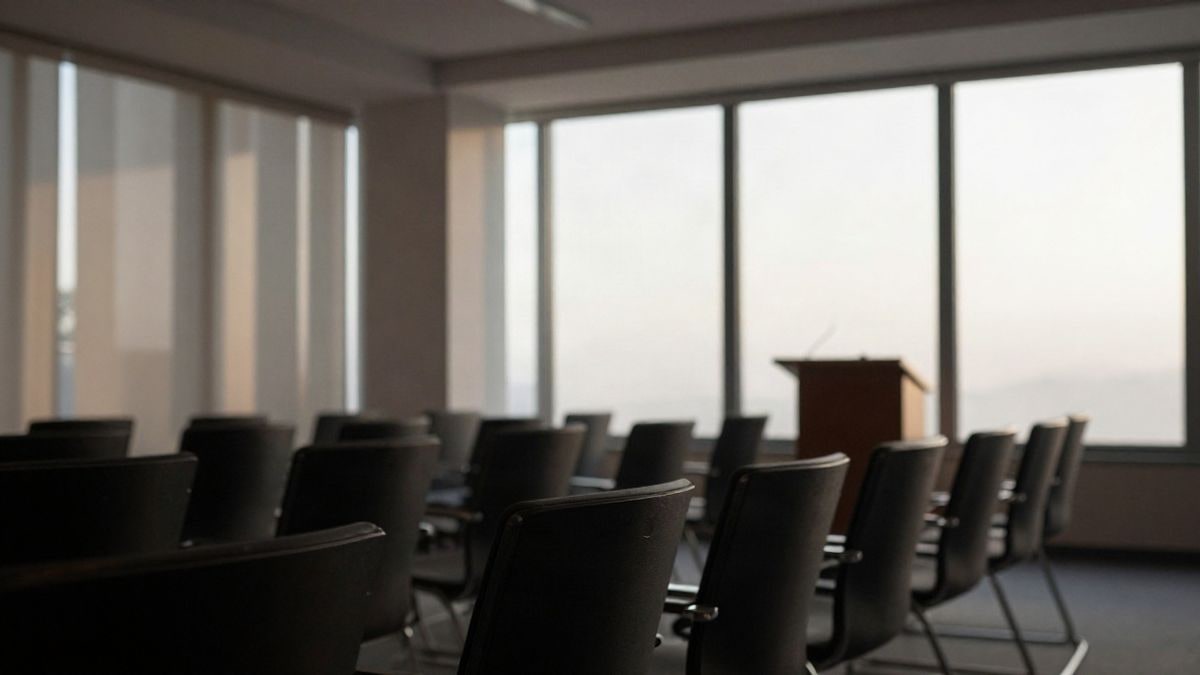 Imagen ilustrativa: sala de conferencias moderna con sillas vacías y luz natural entrando por ventanales laterales