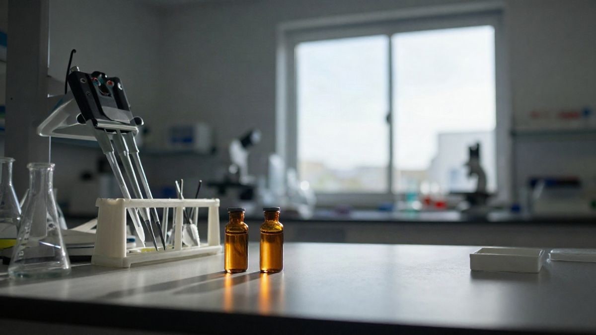 Imagen ilustrativa: mesa de laboratorio con viales de vidrio con extracto vegetal junto a una ventana con luz lateral