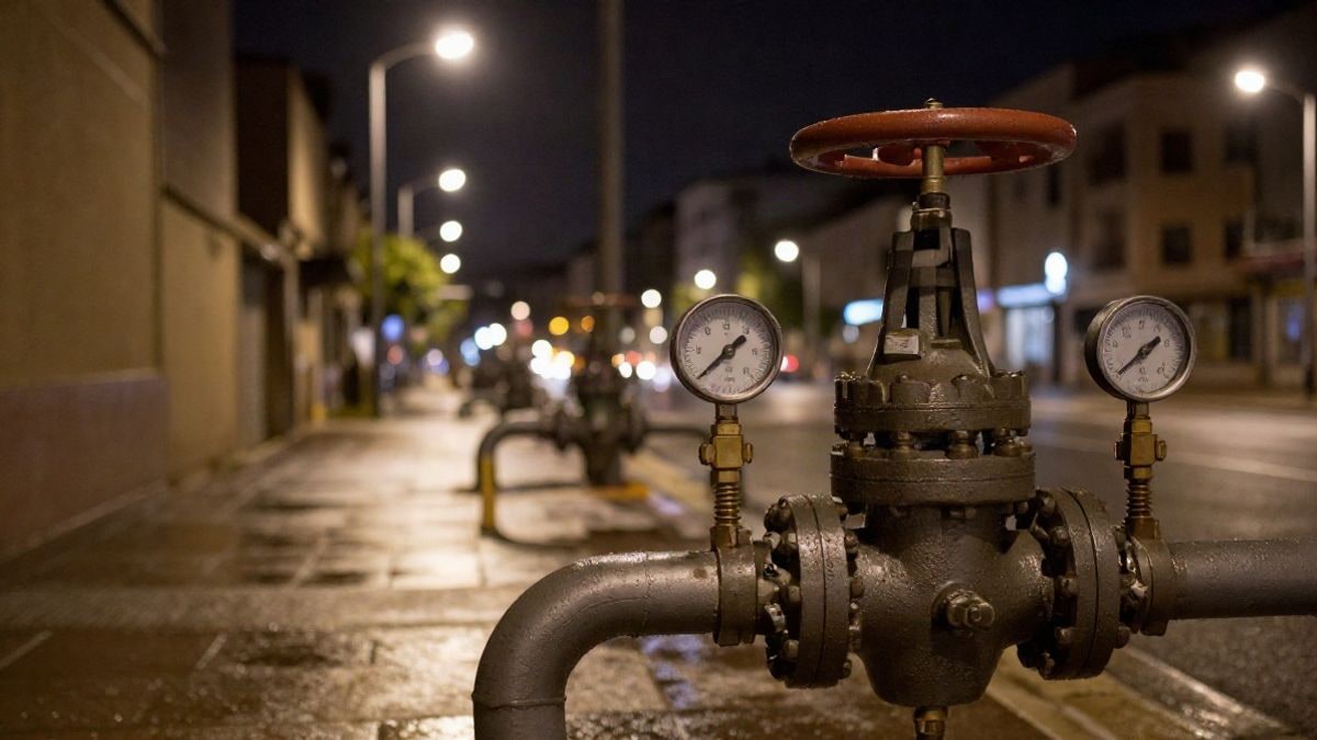 Illustrative image: night street illuminated by street lamps, with an industrial pressure gauge in the foreground