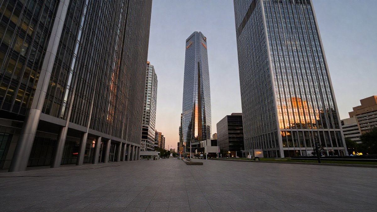 Imagen ilustrativa: gran angular de rascacielos de un distrito financiero al atardecer con líneas que convergen