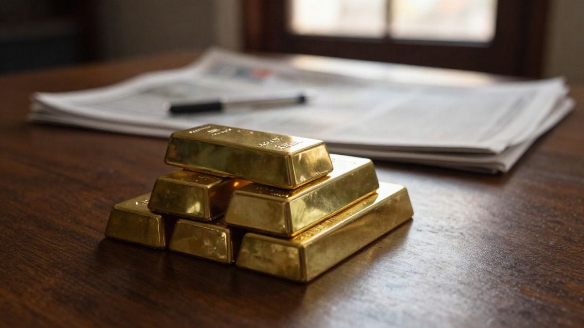 Imagen ilustrativa: lingotes de oro apilados sobre una mesa de madera con un periódico financiero desenfocado al fondo
