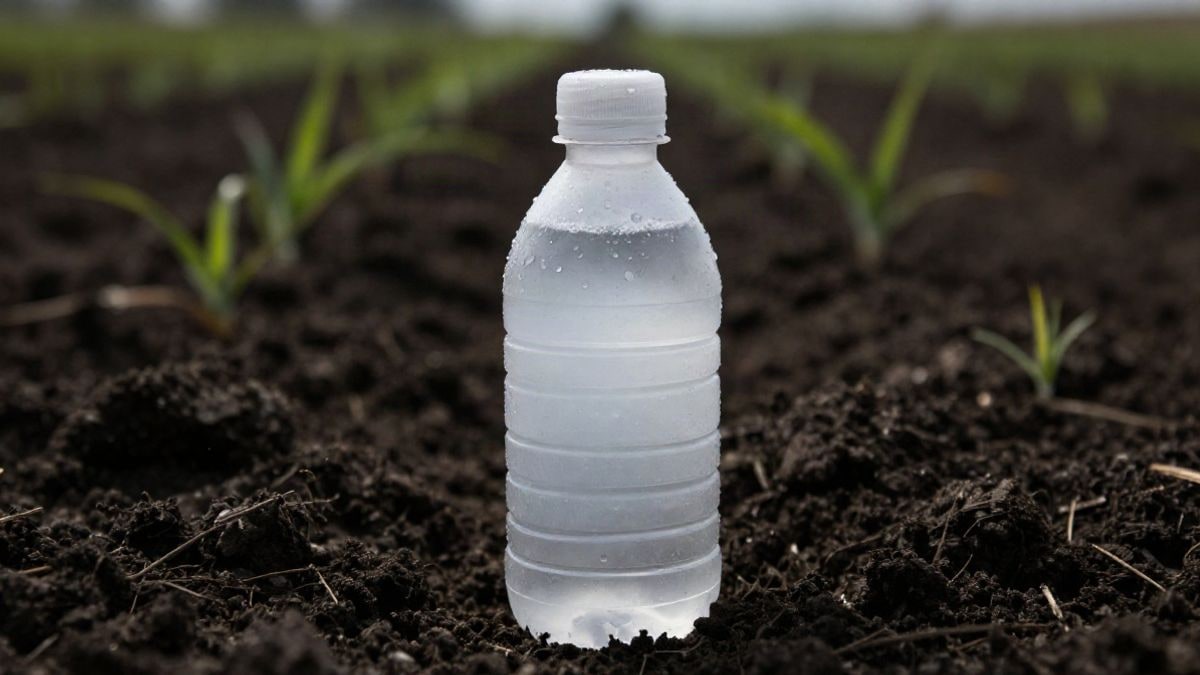 Imagen ilustrativa: botella sin etiqueta con un líquido claro sobre tierra de cultivo, con hileras verdes desenfocadas al fondo