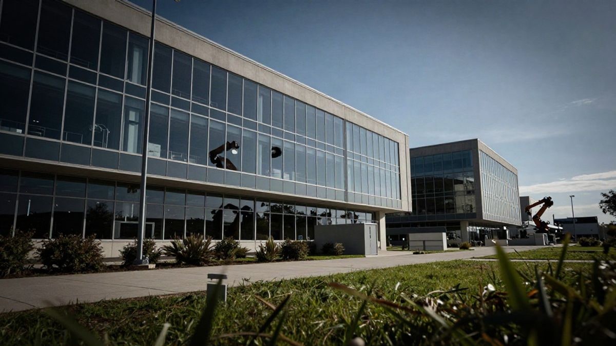 Imagen ilustrativa: ángulo bajo de un campus industrial moderno con gran edificio acristalado y brazos robóticos al fondo