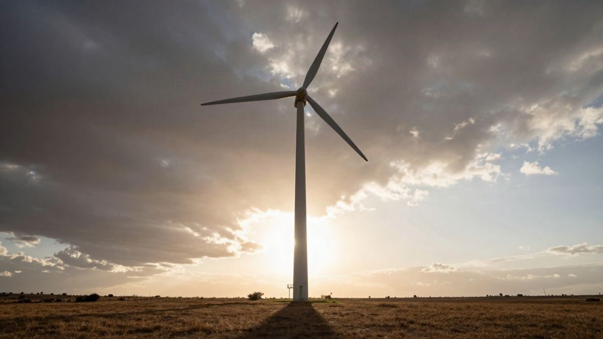 Illustrative image: wind turbine viewed from the ground against a sunset sky