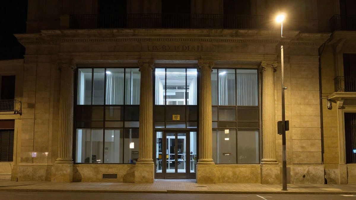 Imagen ilustrativa: fachada de oficina bancaria iluminada por farolas en una calle nocturna
