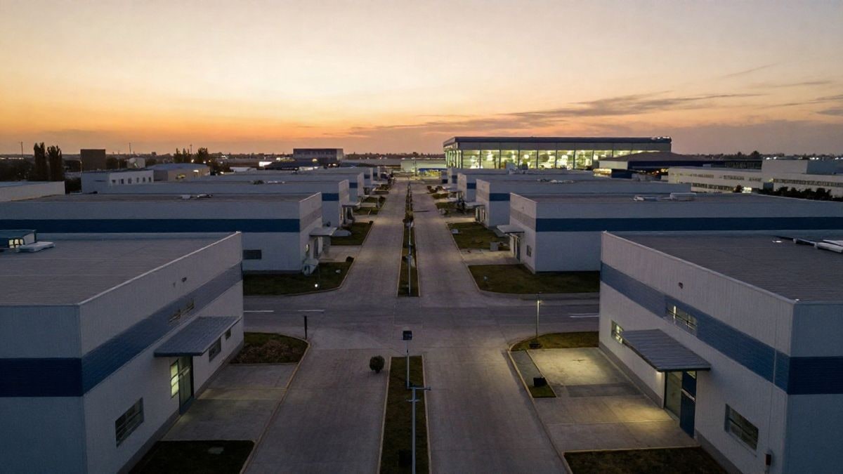Imagen ilustrativa: gran angular de un parque industrial moderno al atardecer con naves tecnológicas y caminos que confluyen hacia una nave iluminada