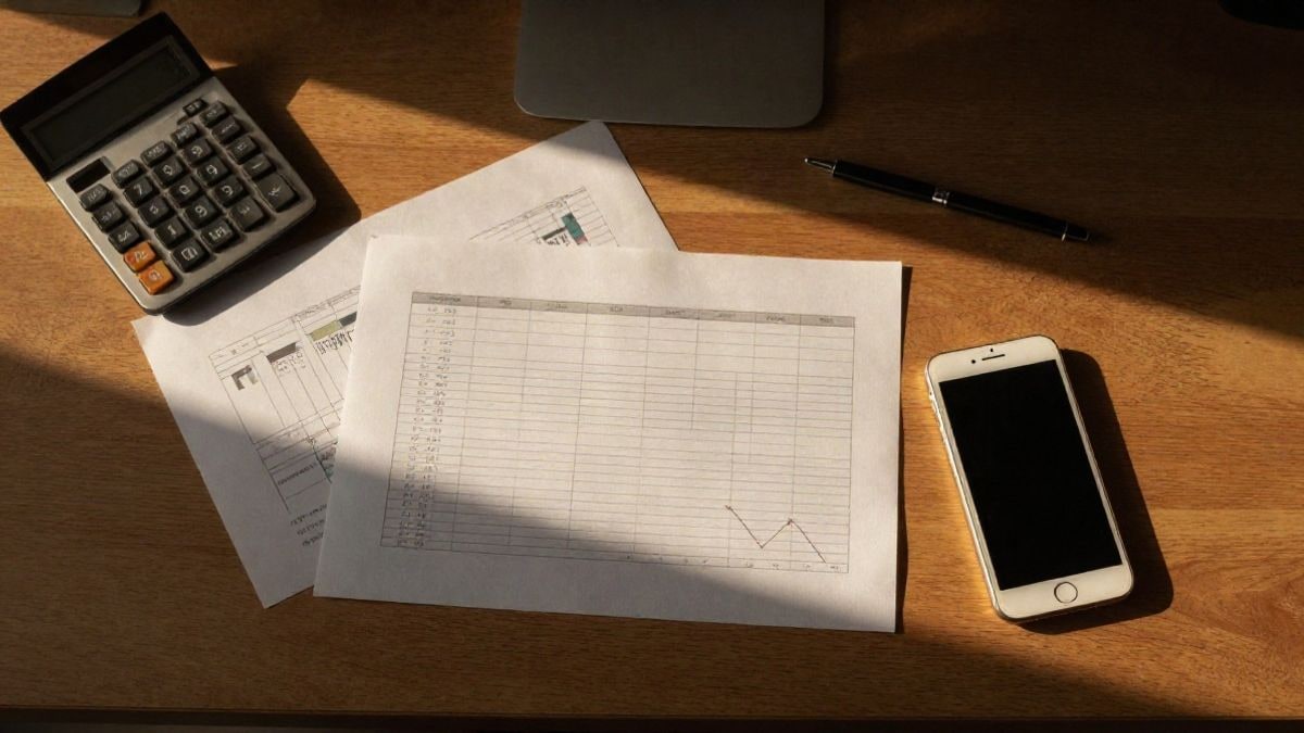 Illustrative image: overhead view of a desk with printed graphs, a calculator, and a pen at sunset