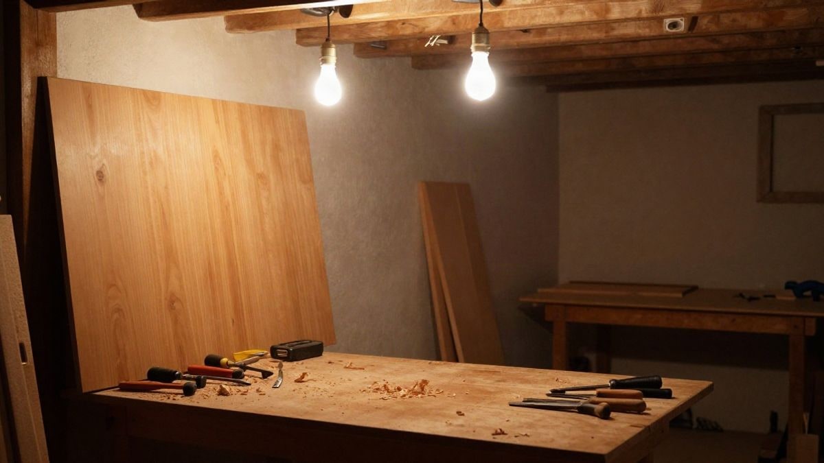 Imagen ilustrativa: taller de carpintería de noche, con tablones de madera y herramientas iluminados por luz cálida