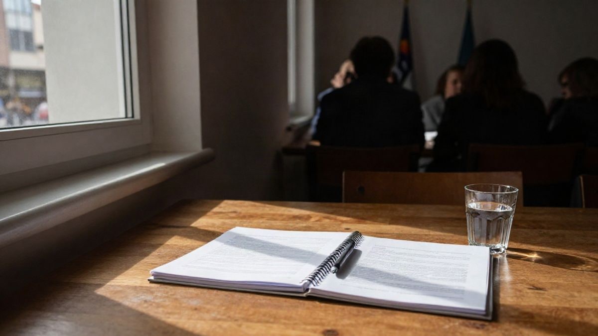 Imagen ilustrativa: mesa de reuniones junto a una ventana con documentos cerrados y un bolígrafo bajo luz lateral