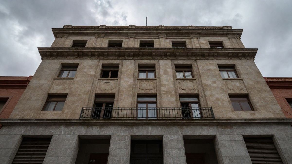Imagen ilustrativa: ángulo bajo de la fachada de un edificio institucional genérico con cielo nublado