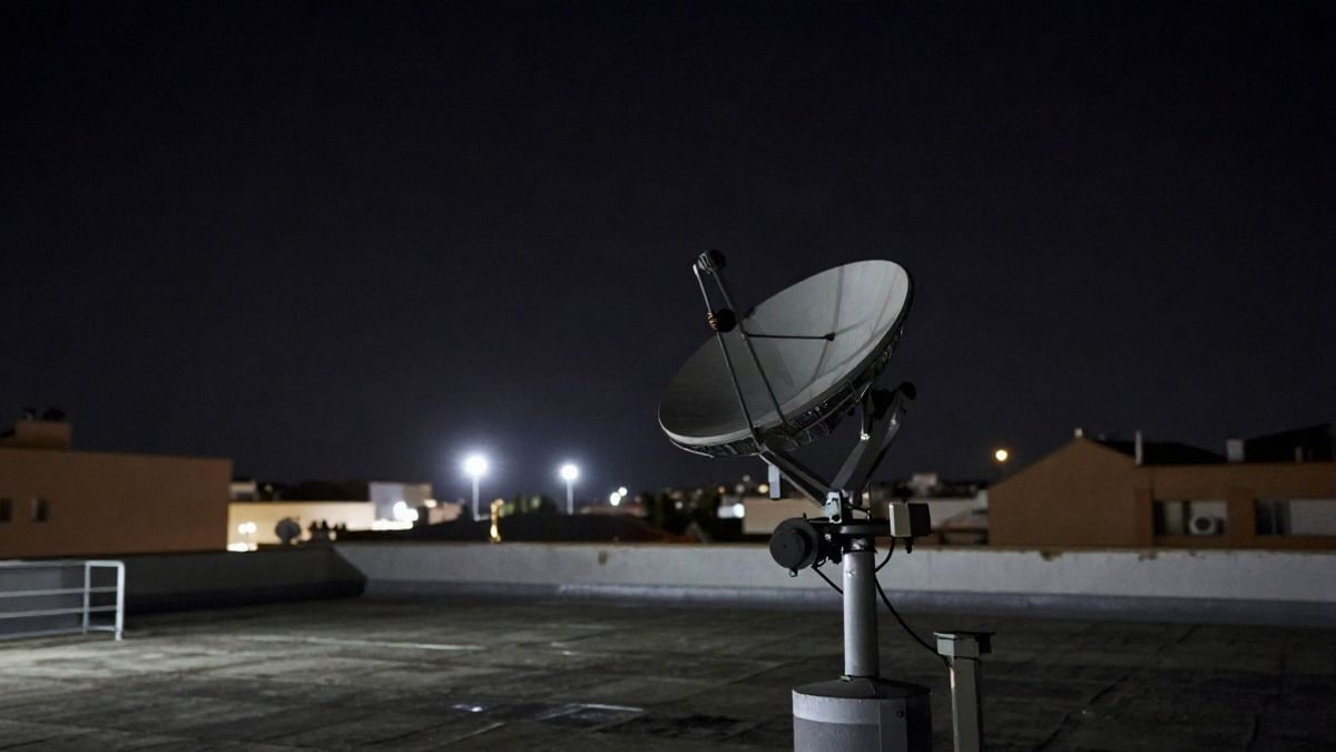 Imagen ilustrativa: antena de radar recortada contra el cielo nocturno, iluminada por focos y un brillo de neón tenue
