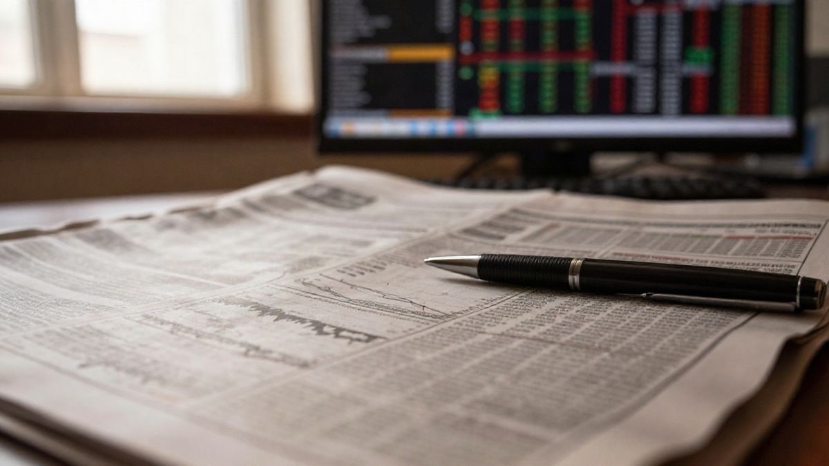 Imagen ilustrativa: primer plano de un periódico financiero con gráficos bursátiles y un bolígrafo sobre la mesa