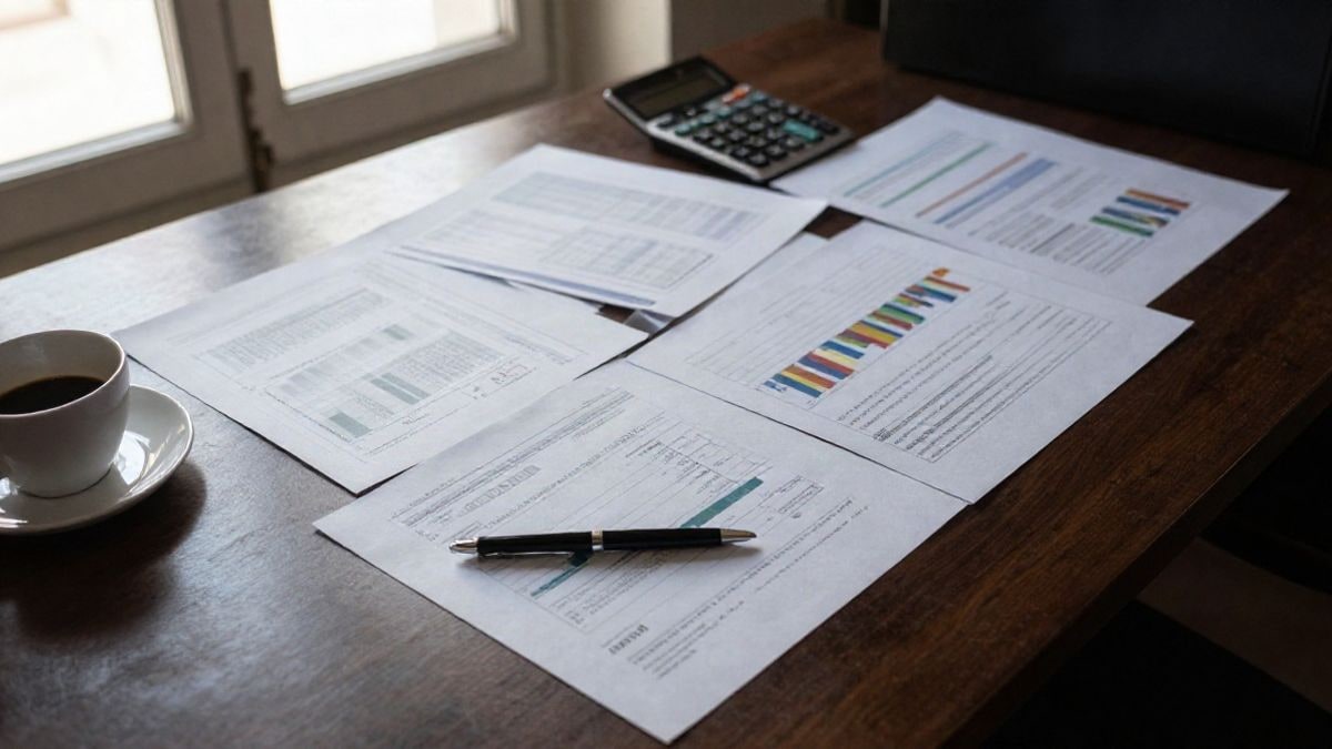 Imagen ilustrativa: vista cenital de un escritorio con informes financieros y una calculadora