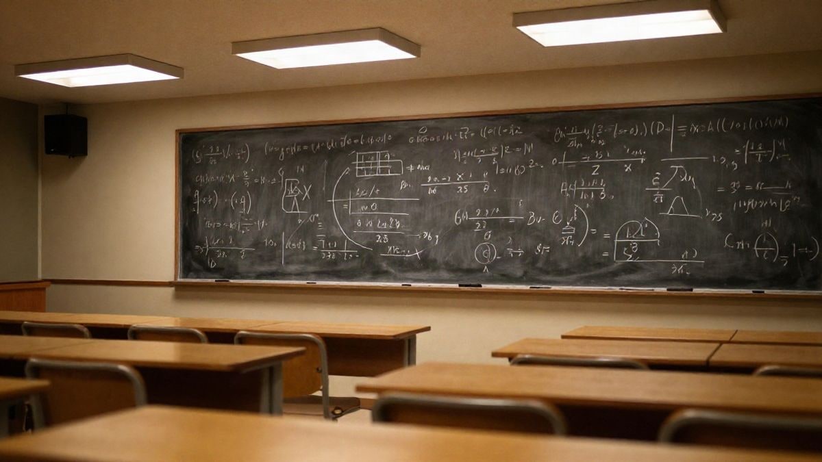 Imagen ilustrativa: aula universitaria vacía de noche con fórmulas económicas en la pizarra