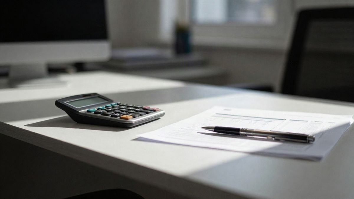 Imagen ilustrativa: escritorio con calculadora y documentos financieros junto a una ventana
