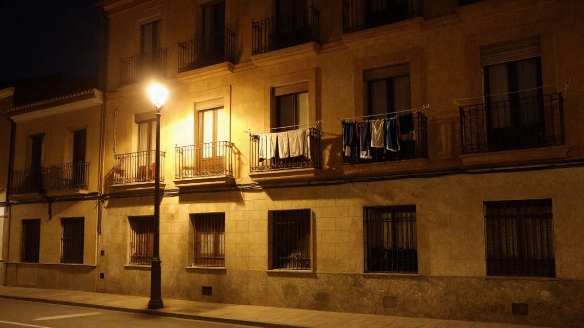 Imagen ilustrativa: fachada de un edificio residencial iluminado por farolas en un barrio urbano nocturno
