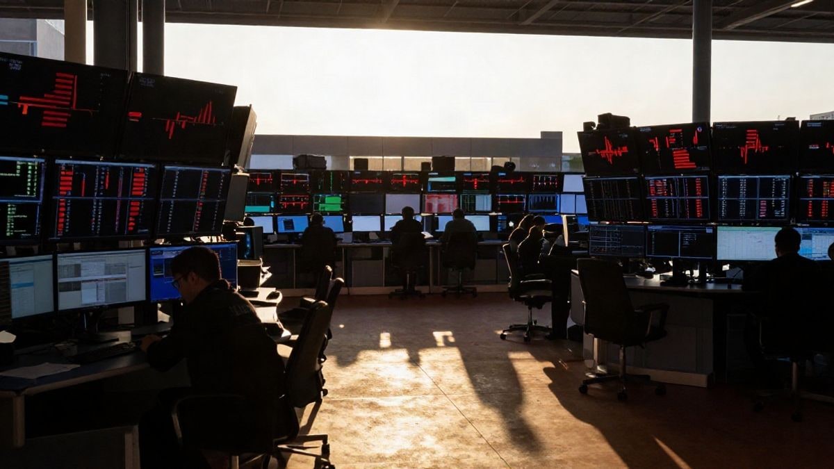 Imagen ilustrativa: pantallas de cotización en una sala de mercados con luz de atardecer y sombras alargadas