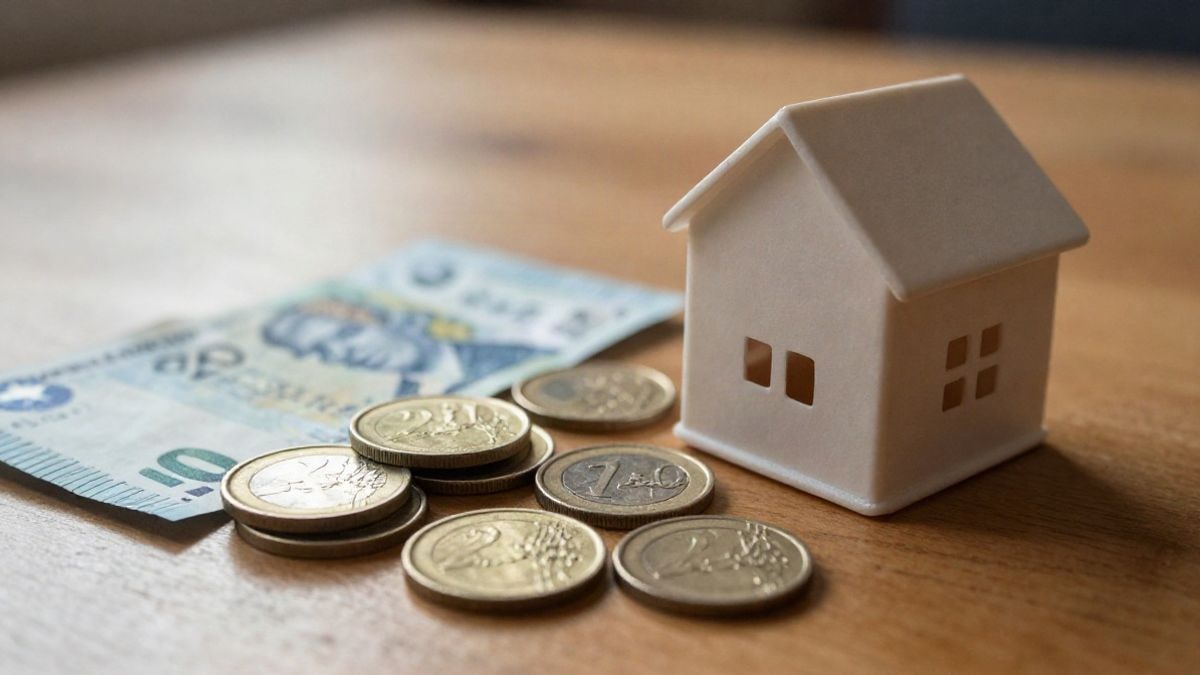 Illustrative image: close-up of euro coins and banknotes next to a house-shaped piggy bank