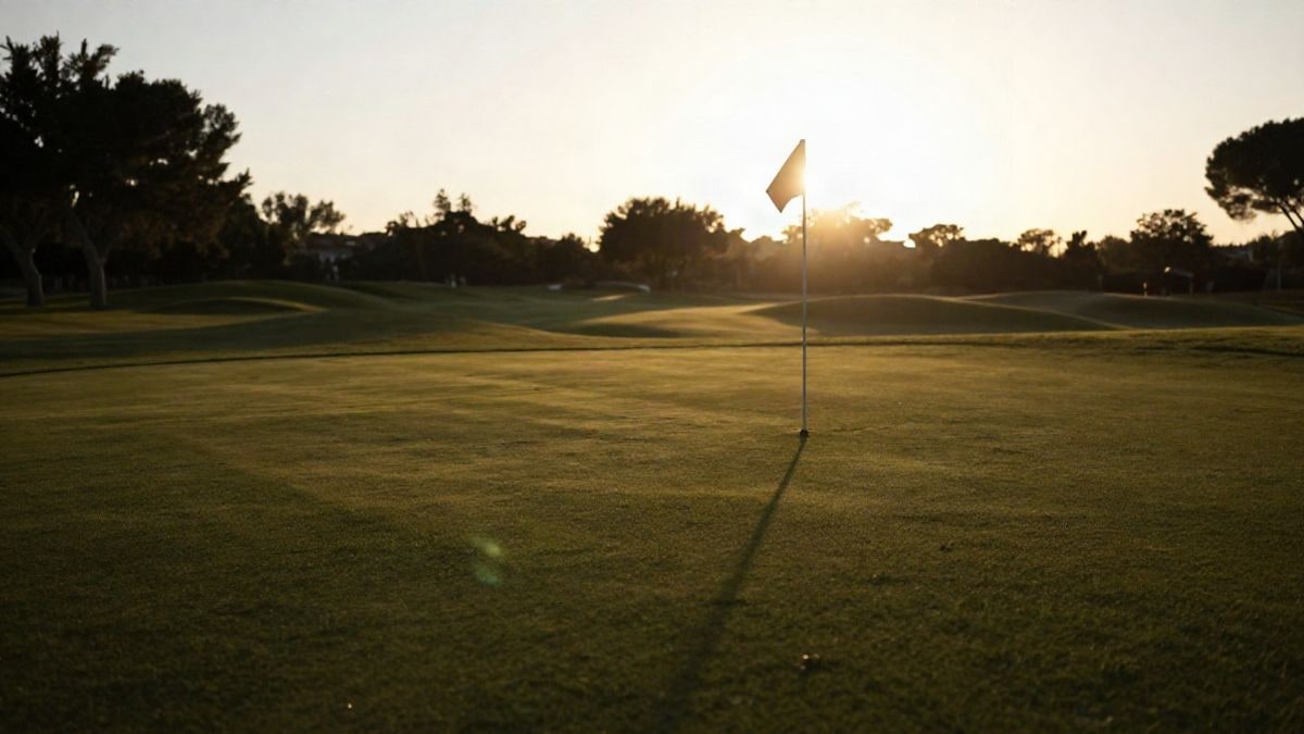 Imagen ilustrativa: campo de golf al atardecer con la bandera del hoyo recortada a contraluz y sombras largas sobre el césped