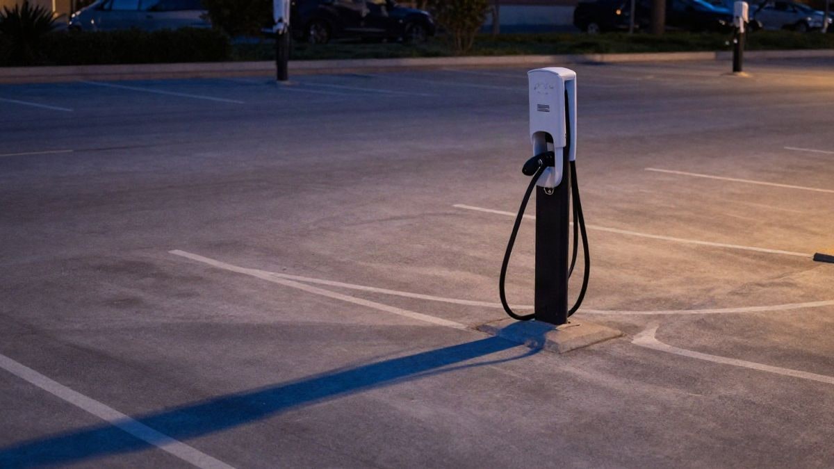 Imagen ilustrativa: cable de carga conectado a un punto de recarga de vehículo eléctrico en un aparcamiento al atardecer
