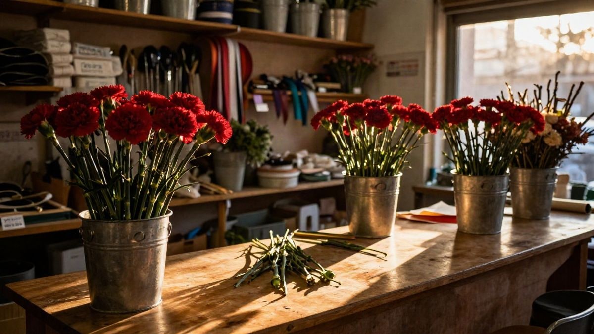 Imagen ilustrativa: taller de floristería al atardecer con ramos de claveles rojos y sombras largas