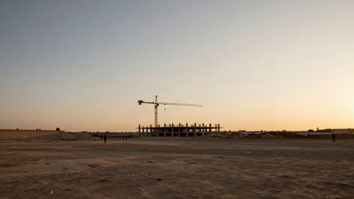 Illustrative image: crane and construction structure in an urban landscape at sunset