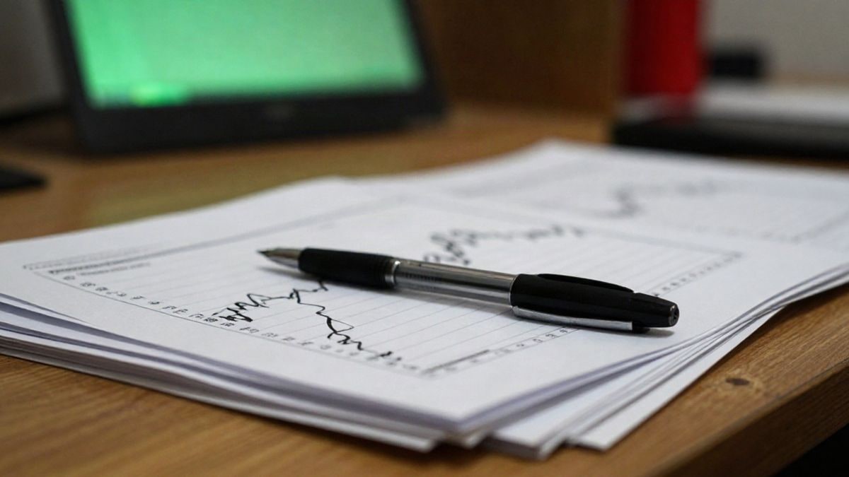 Illustrative image: financial graphs printed on a wooden table, with a pen and a blurred background of screens