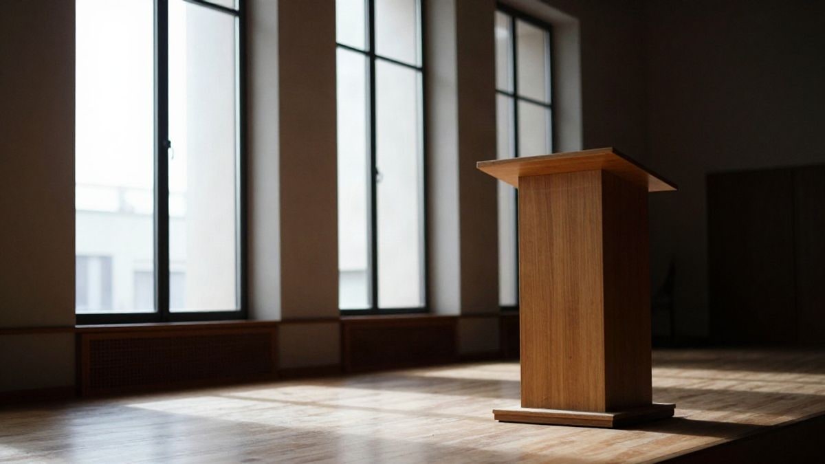 Illustrative image: an empty wooden lectern next to large windows in a conference room lit by side light