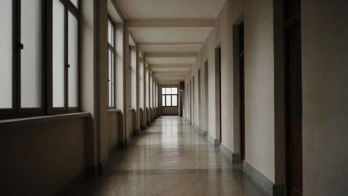 Illustrative image: empty institutional corridor with converging lines and natural light