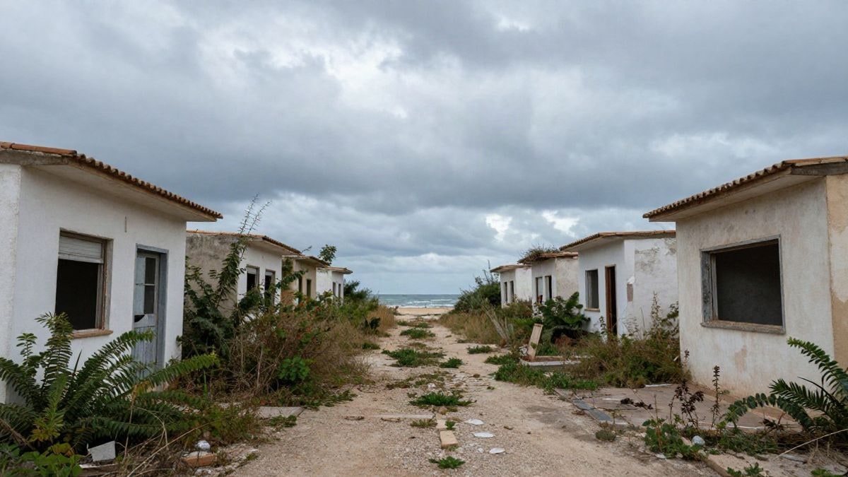 Imagen ilustrativa: vista a ras de suelo de un complejo vacacional abandonado junto al mar con vegetación crecida y cielo al fondo