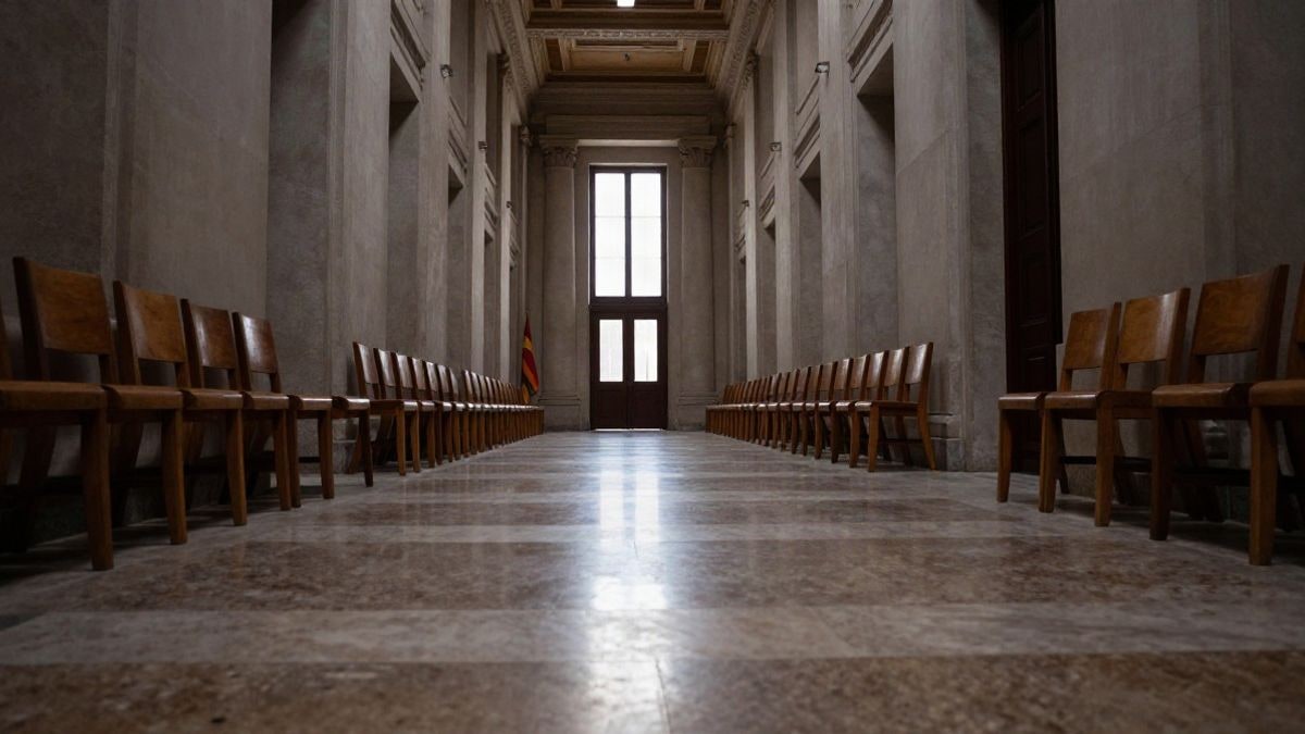 Illustrative image: empty grand hallway with aligned chairs and natural light in the background