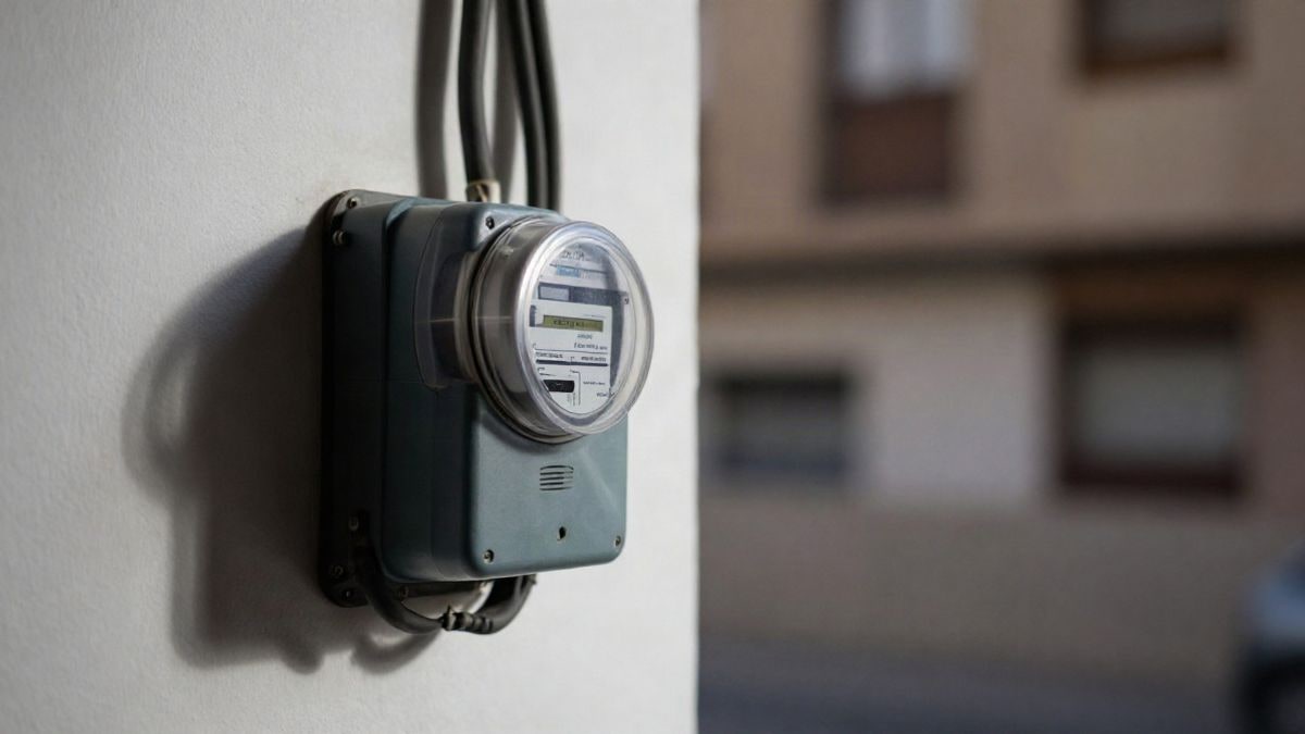 Illustrative image: electric meter and wiring on a white wall, illuminated by lateral natural light