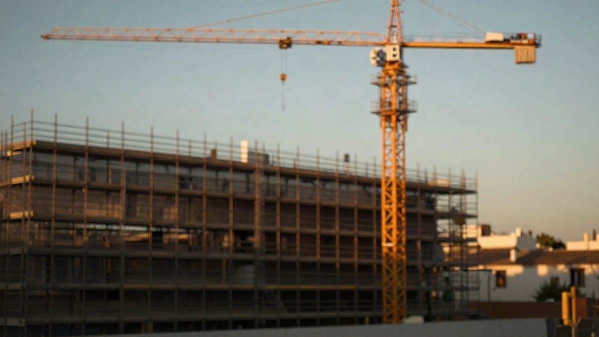 Imagen ilustrativa: andamios y grúa en una obra en construcción al atardecer