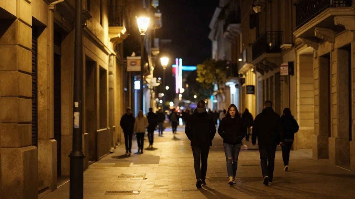 Imagen ilustrativa: calle nocturna iluminada por farolas y un tenue brillo de neón en una ciudad.