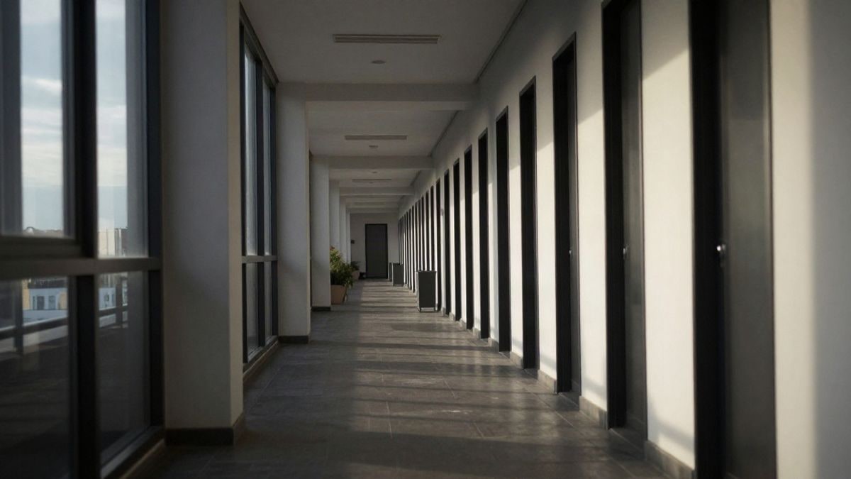 Illustrative image: empty office corridor with converging lines and morning light coming through the windows