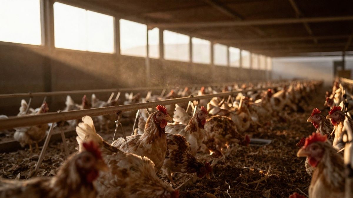 Illustrative image: interior of an empty poultry farm with natural light at sunset