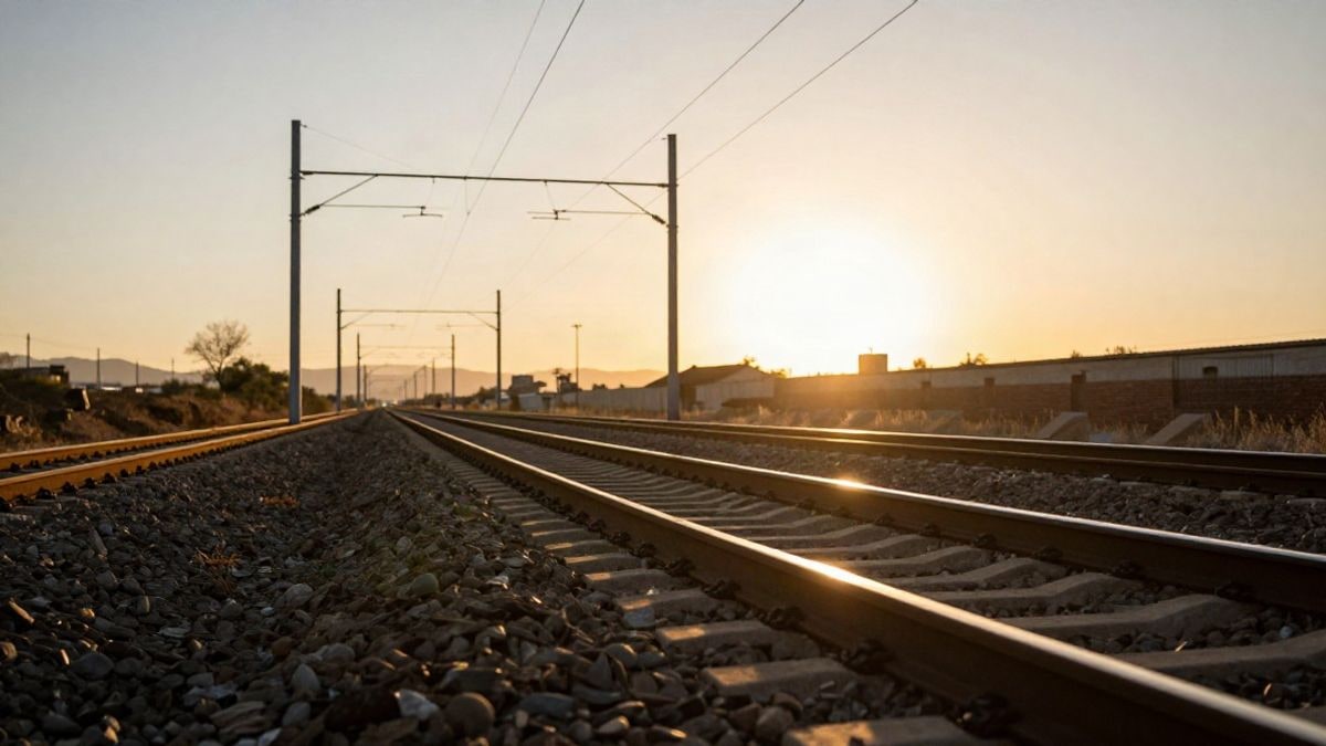 Imagen ilustrativa: vía ferroviaria vacía al atardecer, con sombras largas y catenaria recortada contra el cielo