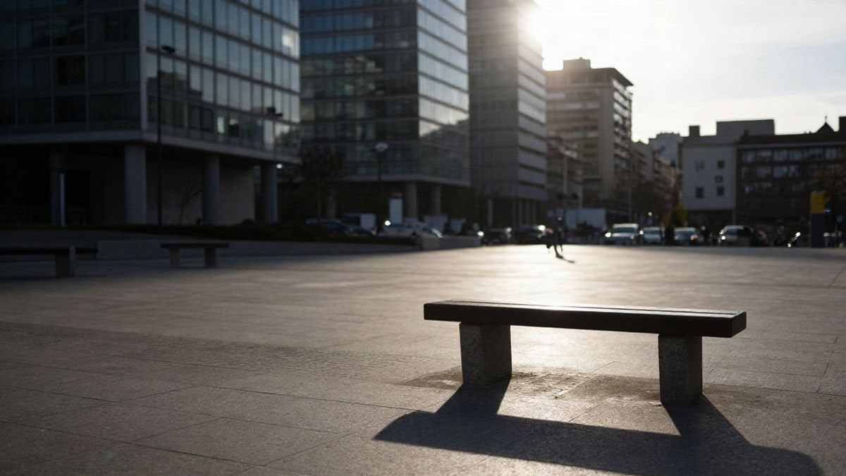 Illustrative image: backlight at sunset with long shadows over an empty square next to glass office towers