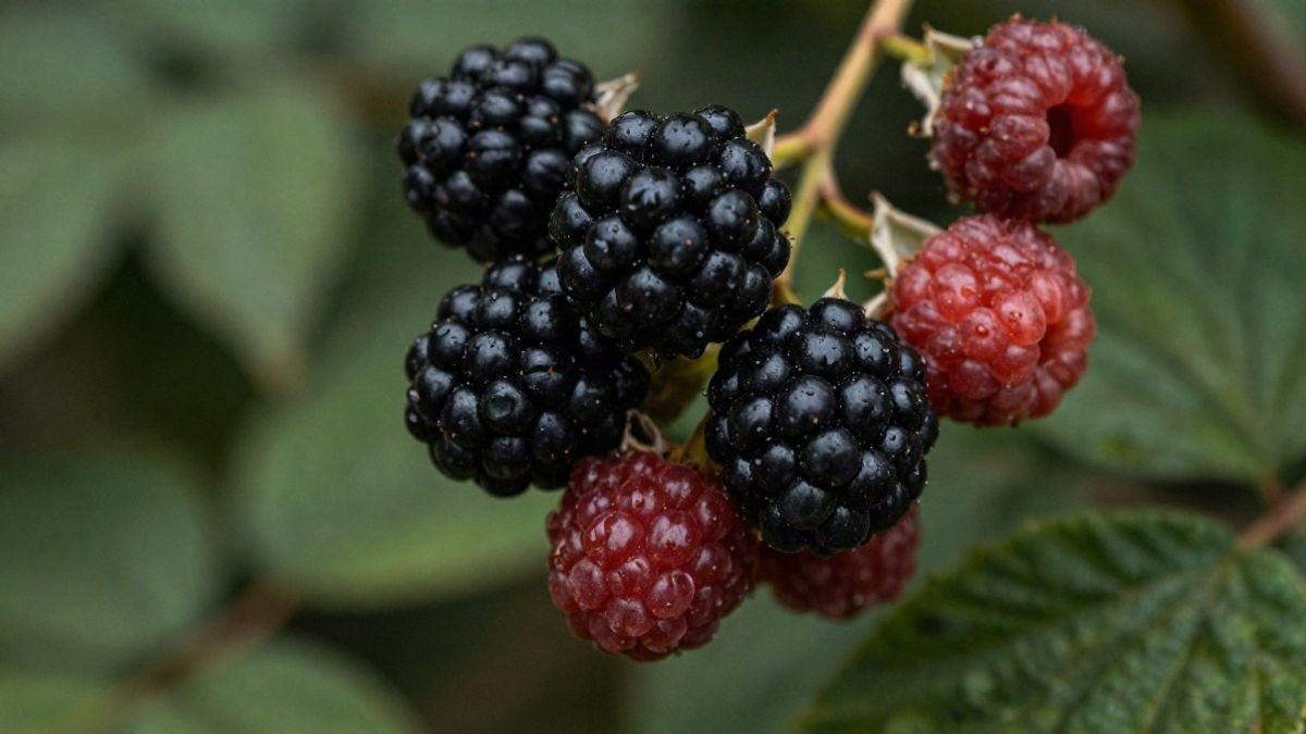 Imagen ilustrativa: primer plano macro de un racimo de moras y frambuesas maduras con gotas de agua