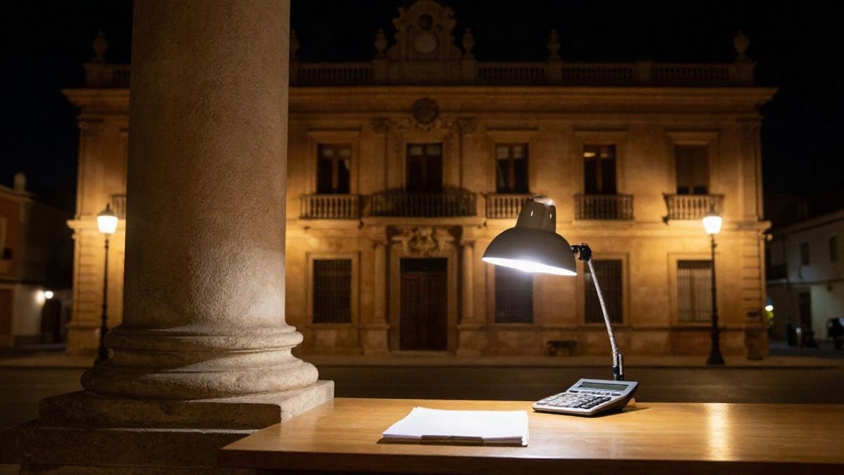 Illustrative image: facade of an institutional building at night, illuminated by streetlights and warm spotlights