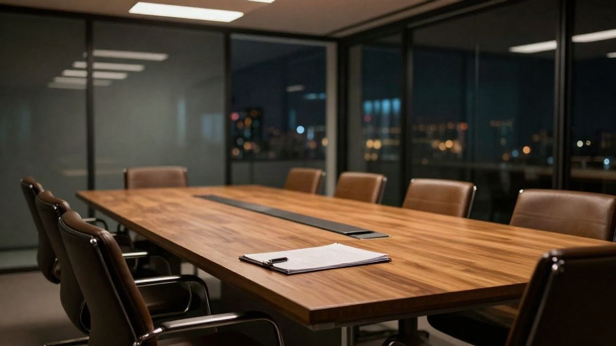 Illustrative image: modern empty boardroom, illuminated at night with warm light and wooden table