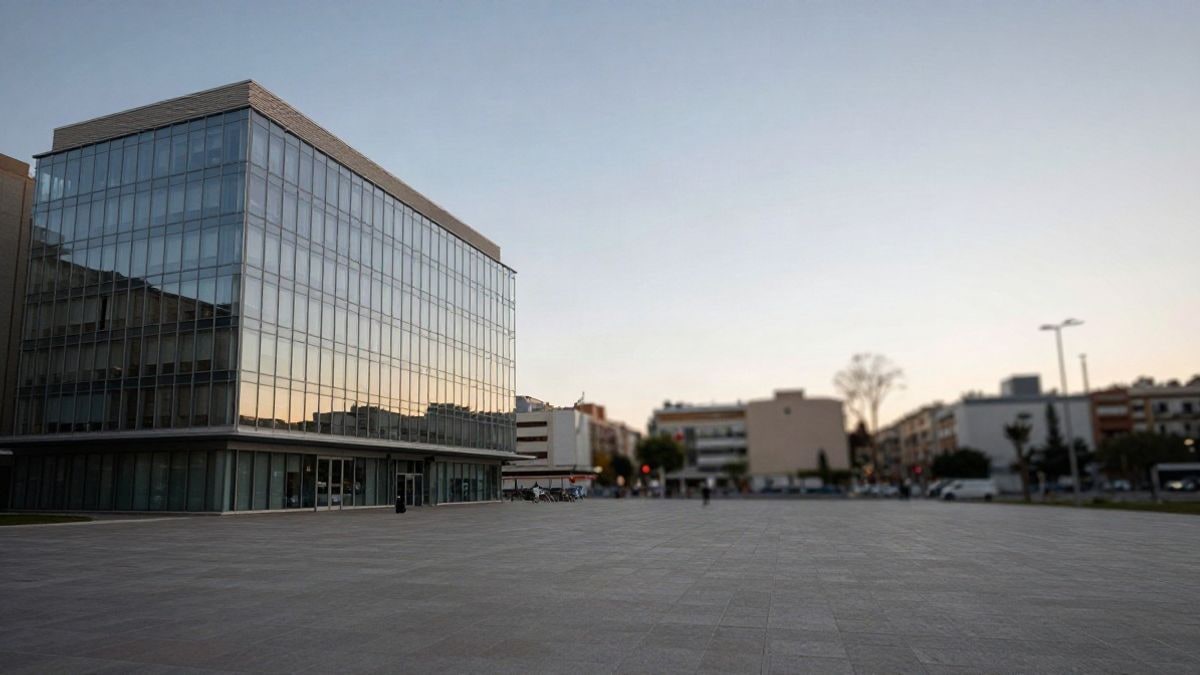 Illustrative image: modern office building with glass facade in an urban square at sunset