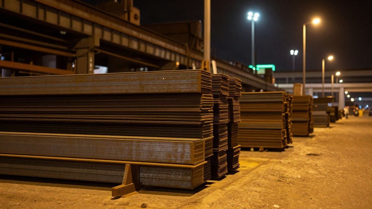 Illustrative image: steel beams and bars stacked in an industrial plant illuminated at night with spotlights