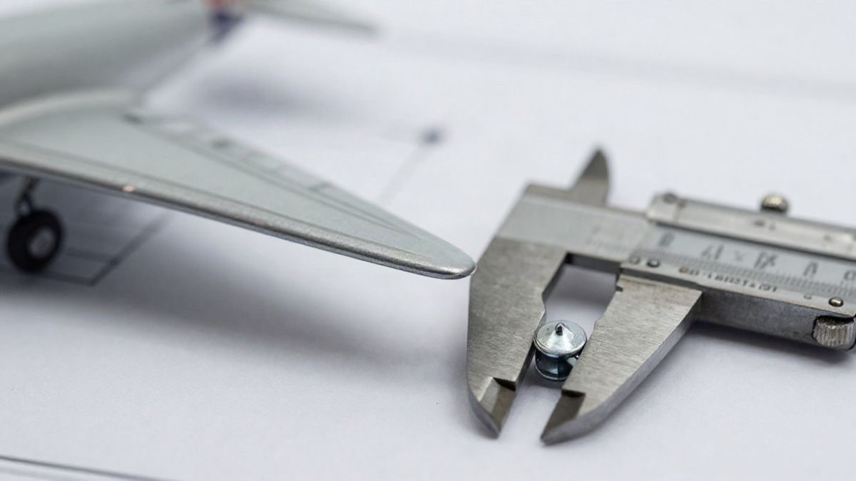 Illustrative image: model of an aircraft wing on a technical drawing, with a metal gauge beside it